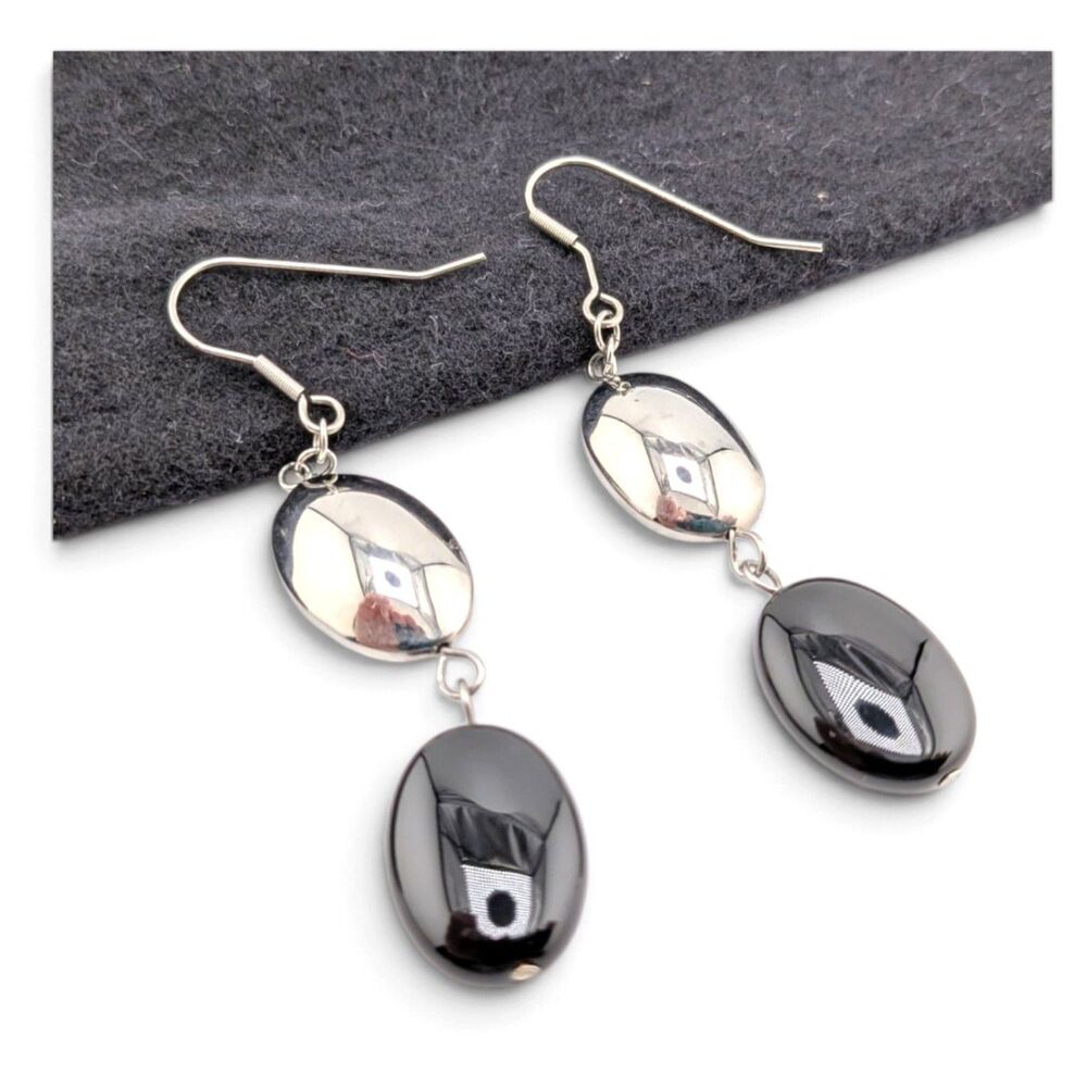 Black & Silver Tone Oval Dangle Earrings Pierced Fish Hook 2" Drop